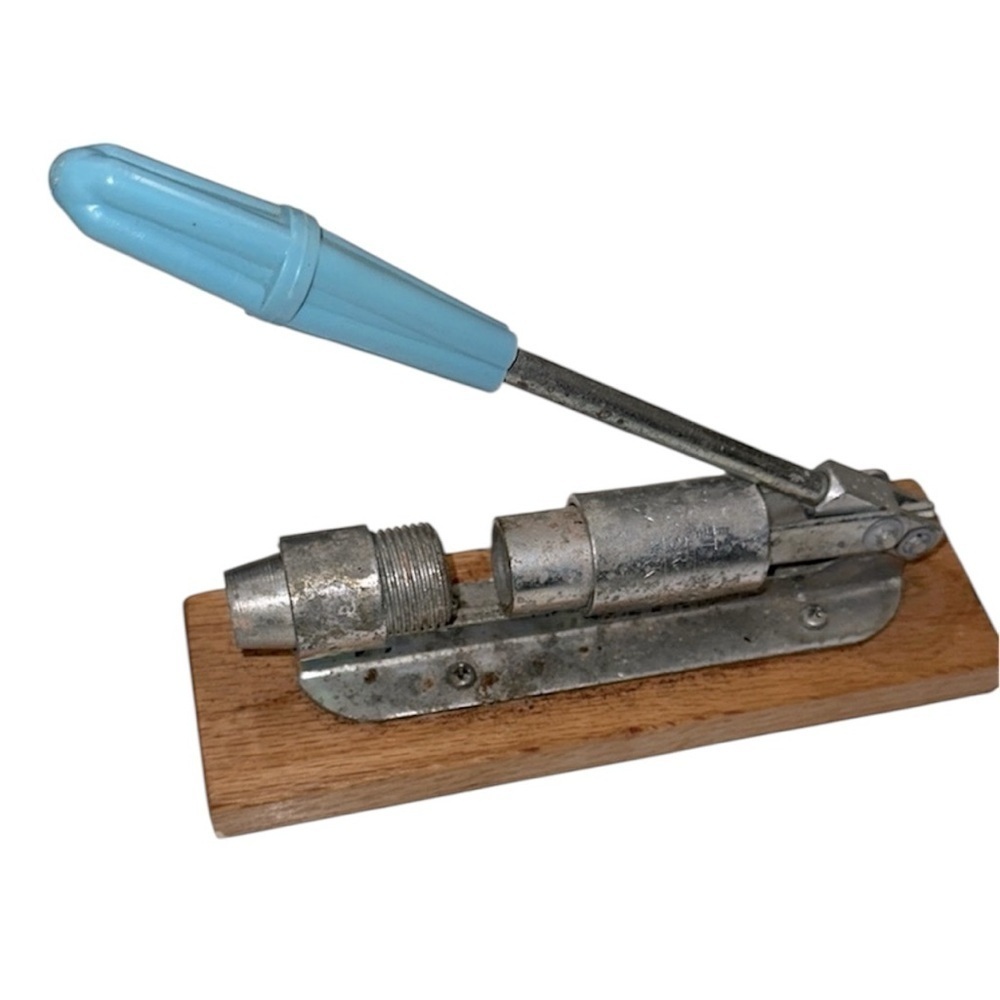 Vintage Metal and Wood pecan nut cracker with Blue Handle